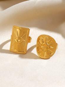 2 件套不锈钢简约几何眼形戒指套装，适合女性日常佩戴 - 金黃色 - 查看 6
