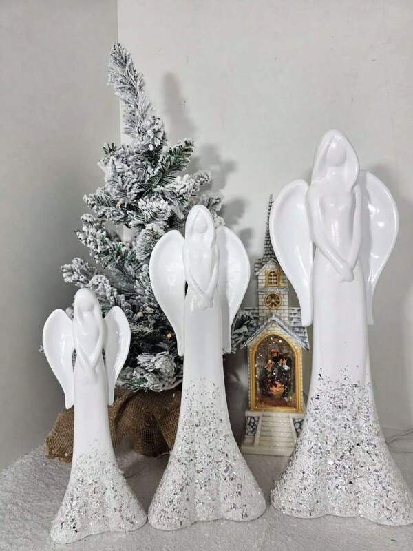 Decoración navideña Estatua de ángel blanco de cerámica, Ángel blanco, Blanco con ángel gris, 26cm, 36cm, 45cm