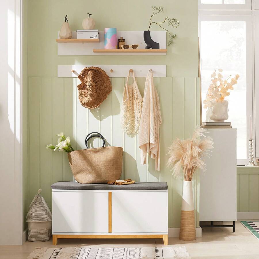 SoBuy Ghế để giày có ghế ngồi, ghế để tủ quần áo, ghế dài có không gian lưu trữ, ghế dài hành lang, tủ đựng giày, tủ ngăn kéo, giá để giày có ghế ngồi, ghế dài hẹp, Rộng x Cao x Sâu khoảng 90 x 47 x 34 cm FSR117 - trắng - Xem 1