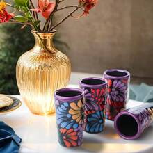 MEXTEQUIL - Vasos Tequileros de Cerámica Talavera Auténtica Mexicana, Set de 4 - Encaje Azul - Negro Floral - Ver 9