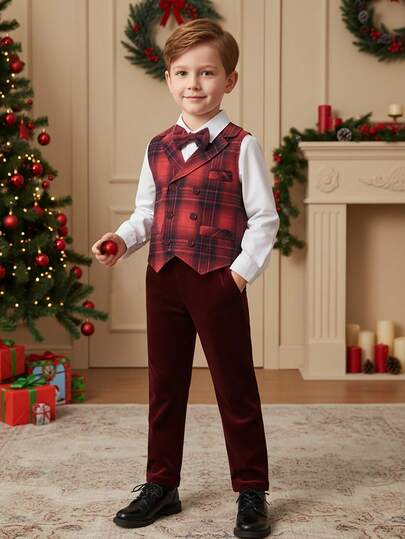 BOARNSEORL 3pcs Young Boys Gentleman Outfit - White Shirt With Bowknot , Burgundy Velvet Pants, And Plaid Vest, Fashionomantic For Outdoor Wedding, Birthday, Christmas Party