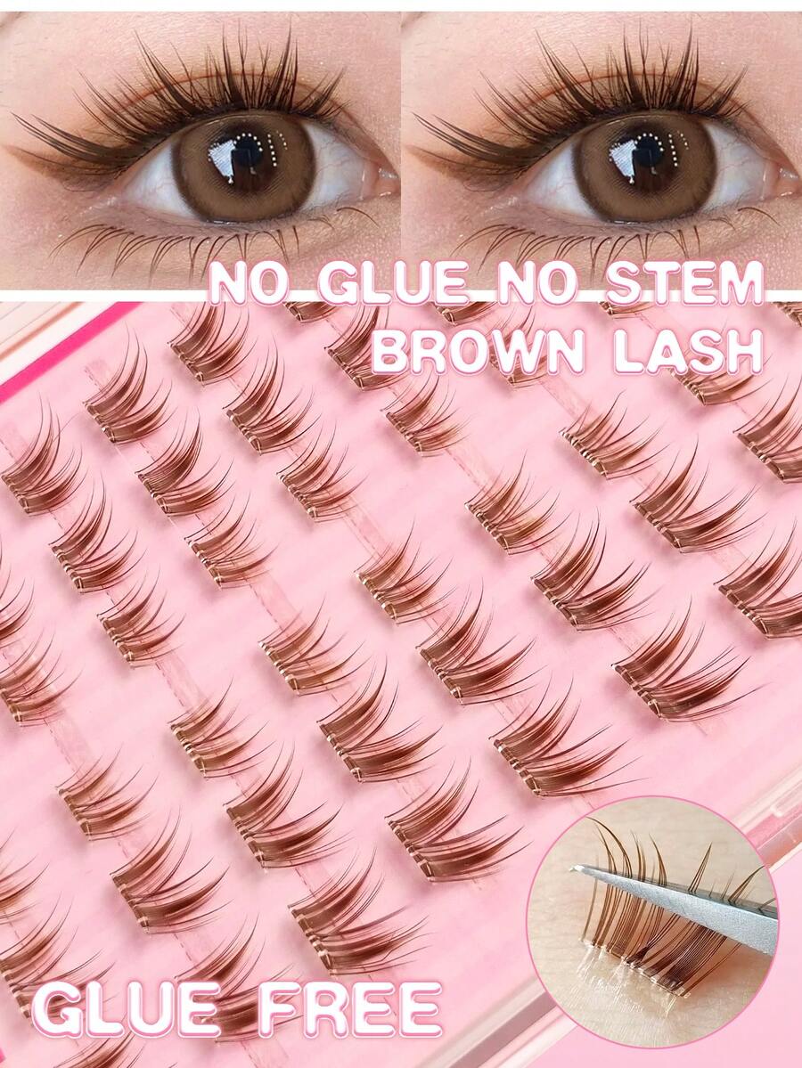 Sibeuna Rikuaild 60/120/180pcs Brown Lash DIY Cluster Eyelashes, Self-Adhesive No Glue, Natural Soft C-Curl Cartoon Style Feathery Lashes - C - 查看 1