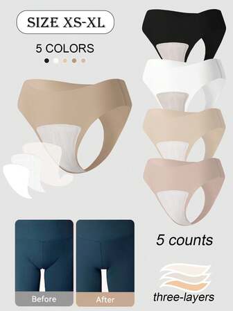 5pcs/Set Women Seamless Thong Panties, Invisible Underwear For Yoga & Fitness, 3-Layer Design