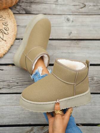 Women's Autumn/Winter Snow Boots, Fleece Lining, Thick Sole, Elegant Casual Fashion Versatile Ankle Boots, Khaki