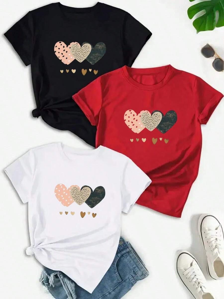 Camiseta casual de mujer, 100% algodón, con estampado gráfico de corazón, camiseta de manga corta con cuello redondo casual y cómoda, ropa de primavera y verano, adecuada para cualquier ocasión, color sólido, casual, uso diario. - Negro - Ver 1
