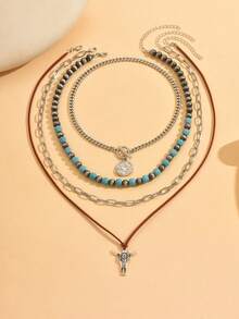 4pcs/Set Vintage Western Cowboy Style Multi-Layer Chain Necklace With Round Ox Head Pendant, Fashion Choker Necklace For Women, Suitable For Daily Wear, Music Festivals, Vacations, And Parties