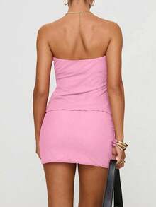 女士性感纯色抹胸镂空不对称上衣紧身一步裙套装、圣诞服装、外出服装、性感俱乐部服装、束身衣裙、露肩装、演唱会狂欢服装