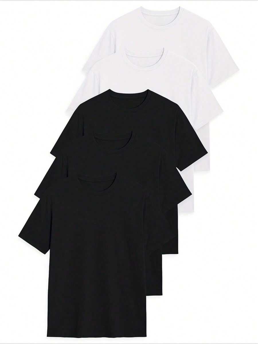 5 Pack 100% Cotton T-Shirts For Men And Women, Summer Clothes Crew Neck Short Sleeve Plain Tee Shirts, Unisex Basic Solid Color Heavy Cotton Tshirts, Soft Breathable Absorbent Tops For Casual, Gym, Outdoor, Daily, Or Layering Wear, Classic Blank Tees For All Seasons, Comfortable Durable Apparel, Perfect Gift For Boyfriend, Father's Day, Or Holiday - 黑/黑/黑/白/白 - 查看 1