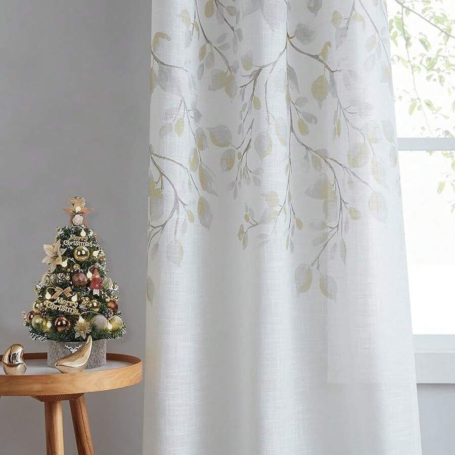 Floral Print Metallic Sheer Window Curtain Panel Rustic Living Room/Bedroom Decor 6 Grommets Top Drape Panels, Coral Red,40 X 84, 2 PK, Sparkling Farmhouse Style - Yellow - View 1