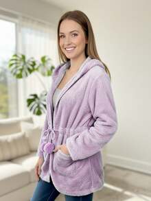 Cárdigan largo informal con capucha para mujer, con pompones, cordón y bolsillos, tejido acogedor, manga larga. - Lila - Ver 2