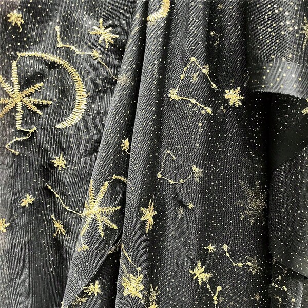 Premium Gold Star And Moon Embroidered Mesh Tulle Fabric – Elegant, Soft, And Durable Sparkly Netting Material For Wedding Dressmaking, Evening Gowns, Veils, Curtains, Tablecloths, DIY Home Decor, And Hand Sewing Projects – Shiny Luxury Embroidery Lace Fabric By The Yard, Perfect For Elegant Garments, Costumes, And Event Decorations