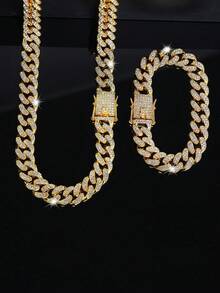2 Pieces Exquisite Cuban Chain Necklace Bracelet Set, Unisex Hip-Hop Jewelry, Sparkling Christmas/Valentine's Day Gift