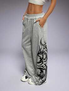 1pc Women Plus Size Fashion Casual High Waist Elastic Ruffle Hem Wide Leg Pants, Autumn/Winter Printed With Pockets