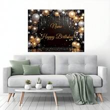 Customizable Name Black Gold Balloon Happy Birthday Backdrop Silver Glitter Sequins Design Personalized Birthday Party Name Design Cake Table Backdrop Decor Photography Prop Vinyl - C - View 8