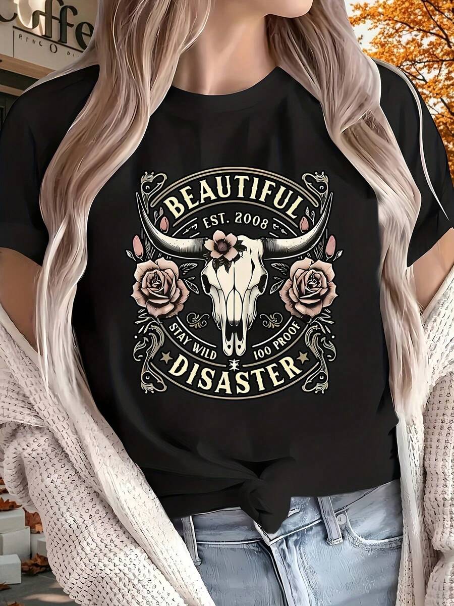 Women's T-Shirt With Bull Skull And Roses Beautiful Disaster Print - Vintage Western Design For Casual Wear, Outdoor Events, And Fashion Statements-220g - 黑色 - 查看 1