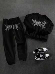 Men Simple Print Long Sleeve Crew Neck Sweatshirt And Pants Casual Loose Set, Fall Clothes, Winter