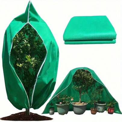 Large Green Plant Cream Protective Cover With Zipper And Rope - Durable Nonwoven Wool Freezing Blanket For Trees, Shrubs And Potted Plants, Soft And Breathable PP Material, Winter Blanket
