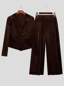 INCERUN Men Lapel Neck Long Sleeve Coat Jacket Blazer Elastic Waist Wide-Leg Long Pants Trousers Spring Fall Party Casual 2PCS Sets Outfits - 棕色 - 查看 4