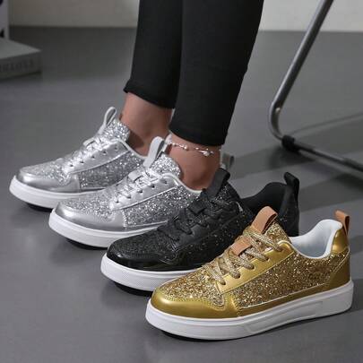2025 New Sequin Sneakers, Fashion Versatile EVA Soft-Soled Lightweight Sports Shoes, Comfortable Women's All-Match Walking Shoes, Latest Cushioning Sneakers, PU Sparkling Upper Breathable Lace-Up Shoes.Halloween | Christmas Exclusive Shoes