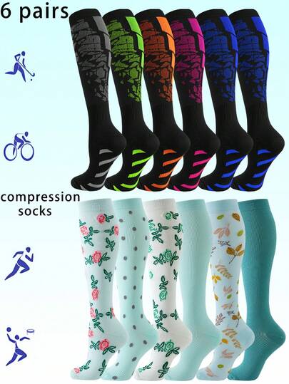 6 pares de calcetines de compresión para hombres y mujeres, adecuados para el ocio diario, el trabajo, los deportes y el ejercicio, el fútbol, los deportes de raqueta, la gimnasia, el senderismo, el camping, etc. Proporcionan soporte deportivo con tejido de rebote tejido.