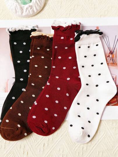 4 Pairs Women's Polka Dot Mid-Calf Socks With Ruffle Trim, Comfortable Breathable Non-Slip, Suitable For Casual And Sports