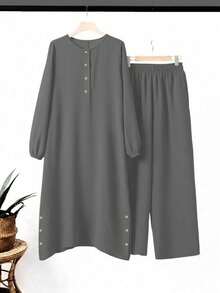 Bộ đồ nữ màu trơn cổ tròn vạt lệch tay dài và quần cạp chun, kiểu dáng thường ngày cho lễ Eid mùa xuân. - Xám - Xem 1