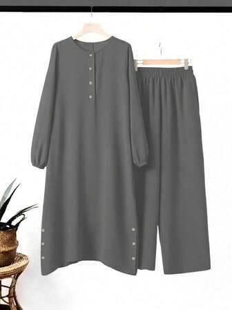 Women Solid Color Round Neck Asymmetric Hem Long Sleeve Top And Elastic Waist Pants 2 Pieces Set, Casual