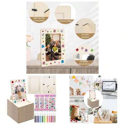 16 Pack Picture Frame Painting Kit 4x 6 Photo, Wooden Picture Frames, Unfinished Standing Photo Frames With 12 Painting Color Pens 4 Stickers Decorate