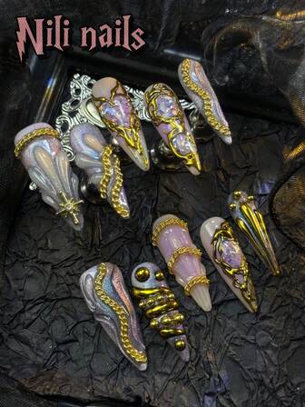 10pcs Long Stiletto Handmade WearableNails Press On Nails, Spring/Summer Nails Supplies, Light Purple Cat Eye French Tip Nails Like Starry Sky Nail Gradient Nails, Hand Drawn Starry 3D Chain Design 3D Water Drop Design&Hand Drawn Love Glitter Suitable For Back To School, Cute, New Year&Christmas Use For Women And Girls Vacation, With 1 Jelly Pad And 1 Nail File