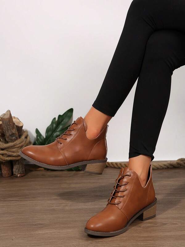 Women's Fashion Brown Pointed Toe Chunky High Heel Ankle Boots - Stylish Soft Exterior, With Front Lace-Up, Suitable For Autumn/Winter