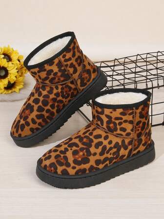 New Thick Plush Snow Boots, Slip-On Thick-Soled Leopard Print Women Short Boots