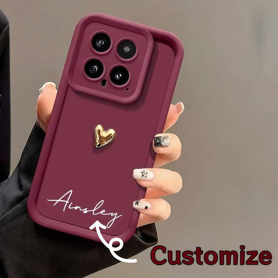 1pc Customized Phone Case, Personalized Text Design Full Coverage Silicone Lens Protection Soft Heart-Shaped Case Compatible With Samsung/Compatible With OPPO/Compatible With IPhone 16 ProMax/15/XS Max/14/XS/13 XR 12 Pro 11 And Other Phone Models,International Version, Not The Domestic Version - Burgundy - View 1
