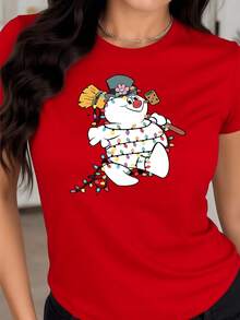 FashionMuñeco de nieve alegre envuelto en luces navideñas símbolo de calidez y celebración con espíritu festivo camiseta de mujer suave 100% algodón cómoda para invierno - Rojo - Ver 9