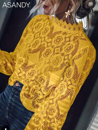 レディース マンダリンカラー レース パッチワーク 長袖 エレガントなホールアウトブラウス