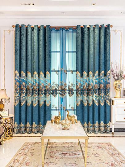 1pc Blue Delicate Embroidered Perforated Curtain, Thickened Chenille Material Rose Embroidered Curtain Fabric, Suitable For Living Room Bedroom Window And Door Decoration, Single Layer Curtain, Excluding Sheer Curtain