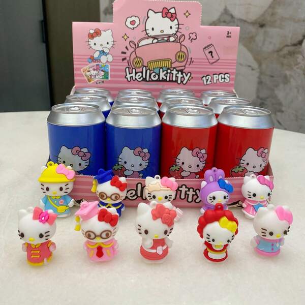 Sanrio 1 pieza Caja misteriosa mini de Hello Kitty al azar - Llavero sorpresa de botella de bebida azul y roja linda, perfecto para adornos de bolso/decoración del hogar/accesorios de escritorio, regalo ideal para cumpleaños y festividades