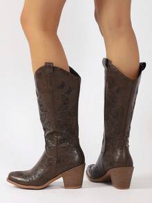 Brown Western Style Fashion Square Toe Butterfly Embroidery Chunky Heel Pull-On Mid-Calf Cowboy Boots For Women, Autumn/Winter - Dark Brown - View 7