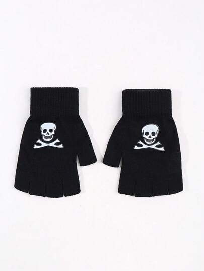 1 para czarnych, bezpalcowych rękawiczek z nadrukiem czaszki w paski dla kobiet, rękawiczki z krótkimi palcami, dzianinowe, zimowe, elastyczne rękawiczki