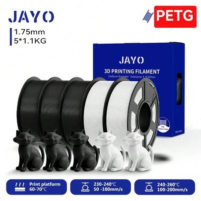 Filamento de impresora 3D transparente JAYO 3D PETG/PETG 1,75 ±0,02mm 5 /10 rollos de filamento bien herido de alta dureza que se adapta a la mayoría de las impresoras FDM