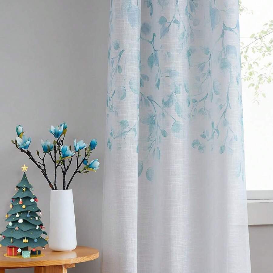 Floral Print Metallic Sheer Window Curtain Panel Rustic Living Room/Bedroom Decor 6 Grommets Top Drape Panels, Coral Red,40 X 84, 2 PK, Sparkling Farmhouse Style - 水鴨藍 - 查看 1