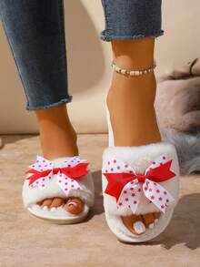 1 Pair Cute Bow Plush Lined White Ladies' House Slippers, Comfortable For Indoor Wear In Autumn/Winter
