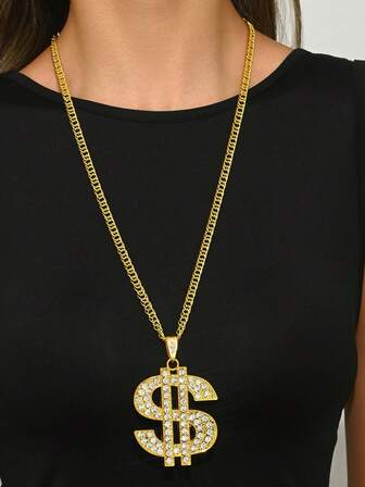 1pc Exaggerated Hip Hop Dollar Sign Necklace, Rhinestone Embellished Oversized Pendant, Metal Jewelry Accessory Suitable For Women, Daily Wear, Party Outfit, Gift
