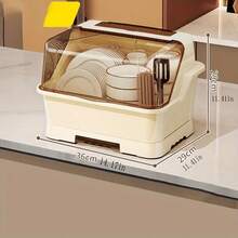 [Cream Dish Drying Rack] Multi-Functional Cream Dish Drying Rack With Lid - Space Saving, Dust Proof Kitchen Storage Cabinet, Utensil Organiser With Drainage Plate - 米色 - 查看 5