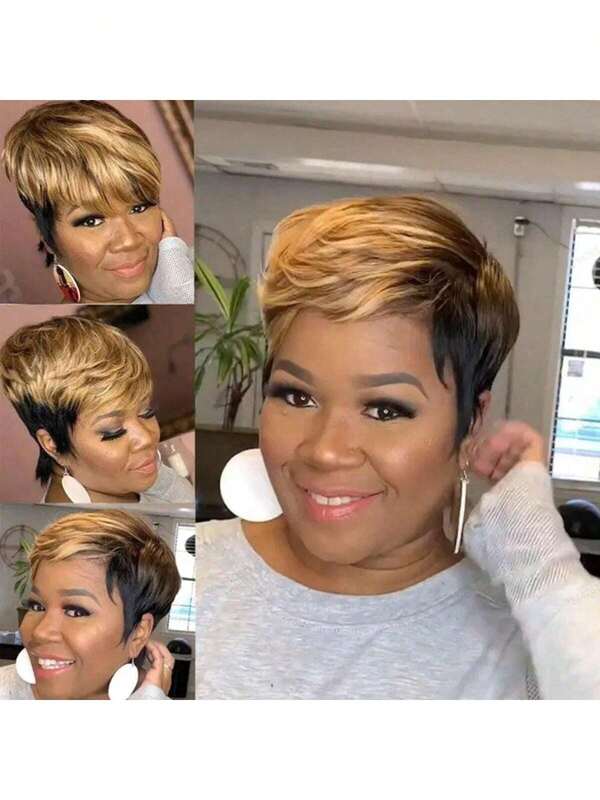 Synthetic Wigs Short Straight Pixie CuT Bob Wig Honey Gold Mix Black For Woman
