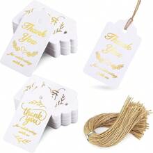SallyFashion 100PCS Gold Stamp Gift Tags With Strings White Paper Tags Hanging Labels For Wedding Bridal Party Baby Shower Invitation Thanksgiving - WhiteandGold - View 2