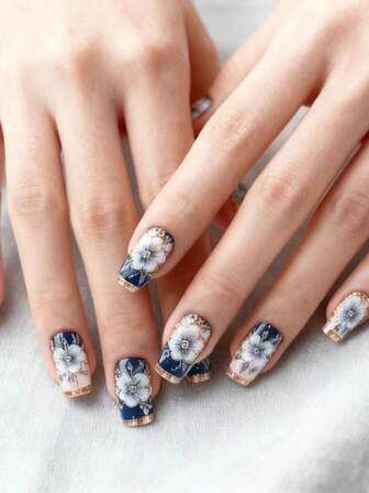 Express Your Love With 24pcs Medium Square Shape Luxurious Vintage Palace Style Gold-Trimmed French Navy Blue Floral Pattern Full Coverage Fake Nail Tips For Women And Girls Includes Nail Salon With 1 Piece Of Jelly Gel And 1 File Stri Jelly Gel Random Shipment