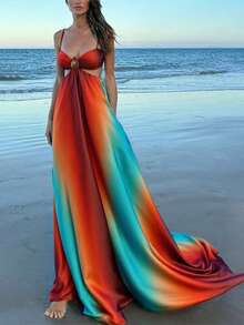 Vestido de tirantes finos con degradado de color estilo isleño, cubrecosturas para la playa - Multicolor - Ver 4