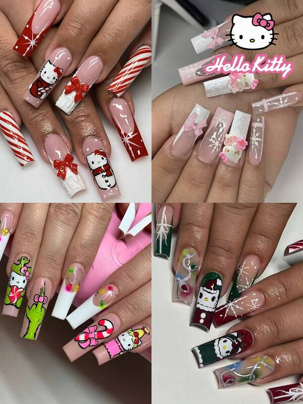 Sanrio Rediscover Nail Sophistication,Sanrio Christmas Hello Kitty 96pcs(4mixed/Set) Long Square 3d Gel Red & White& Pink French Tips Press On Nails With Cute Winter Hello Kitty ,Bow,Snowflake,Christmas Ribbons And Light Strips Decoration, Perfect Fit Acrylic False Nails Set, Including 1 Jelly Gule And 1 Nail File, Sanrio Nails For Girls Daily Life, Party And Gathering Use