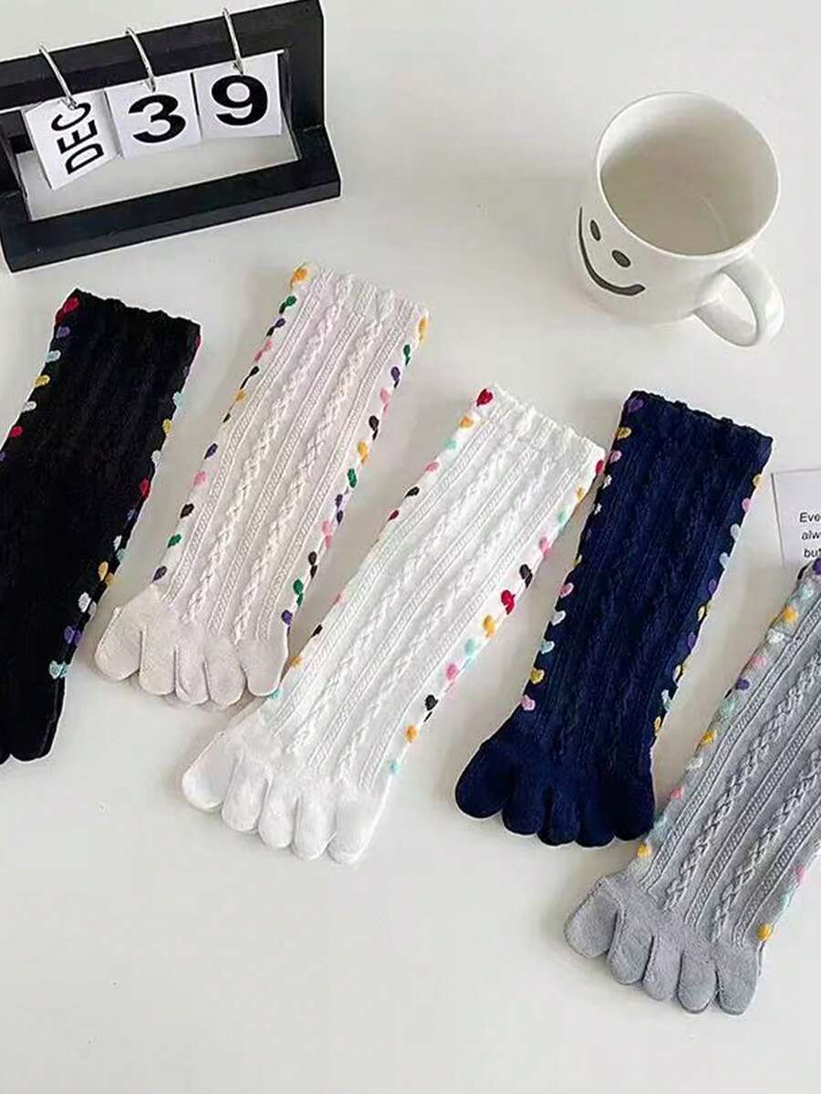 3/5双装女士时尚蕾丝爱心印花五趾过膝袜，透气吸汗，秋冬款式