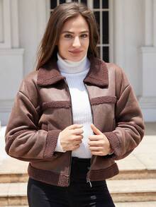 Abrigo de piel sintética para mujer Nueva chaqueta de cuero de gamuza para mujer, a la moda, versátil, cálida con forro, casual y a prueba de viento - Café integral - Ver 3